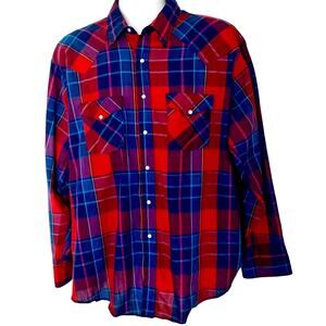 Western Frontier Shirt Vintage Mens Red/Blue Long Sleeve Pearl Snap XL blend mix